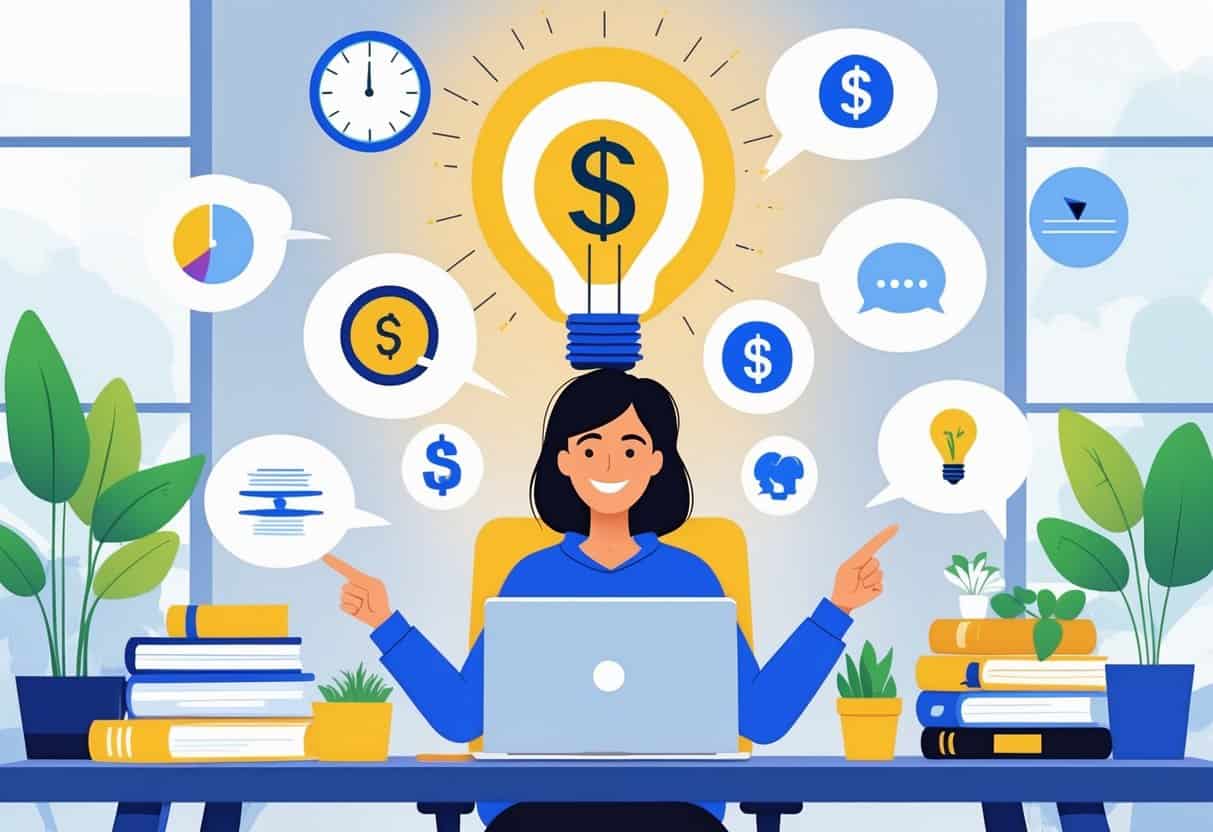A person sitting at a desk with a laptop, surrounded by symbols representing common blogging myths being broken, pointing to a glowing light bulb above the laptop.