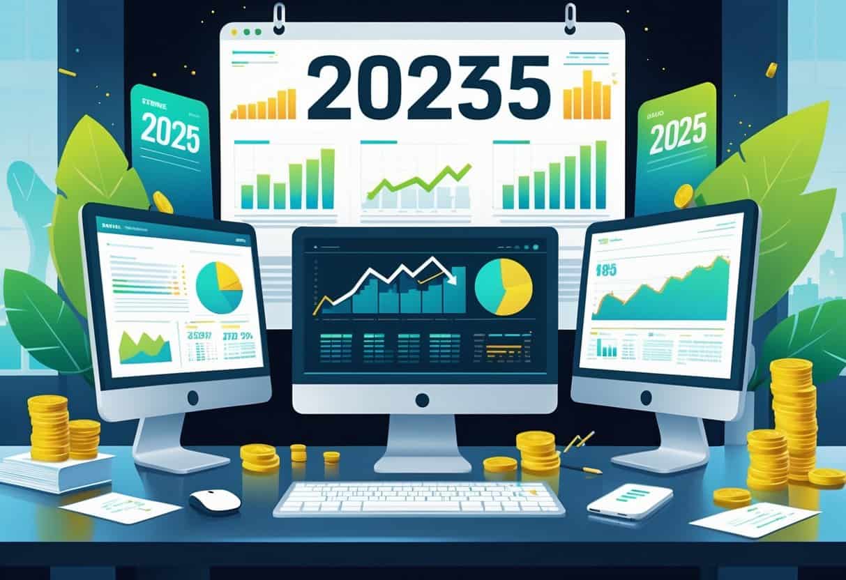 A modern workspace with computer screens showing financial charts and blog interfaces, surrounded by coins, currency, a calculator, and a smartphone displaying stock updates.