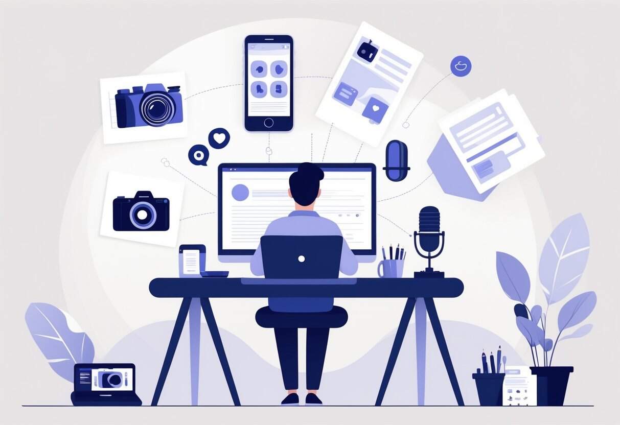 A person working at a desk with a laptop surrounded by items representing side hustles such as a camera, smartphone with social media icons, notebook with design tools, microphone, and tablet showing an online store.