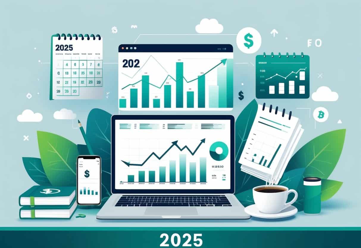 A modern workspace with a laptop showing financial charts, a smartphone with a finance app, notebooks, and floating currency icons representing money and finance.