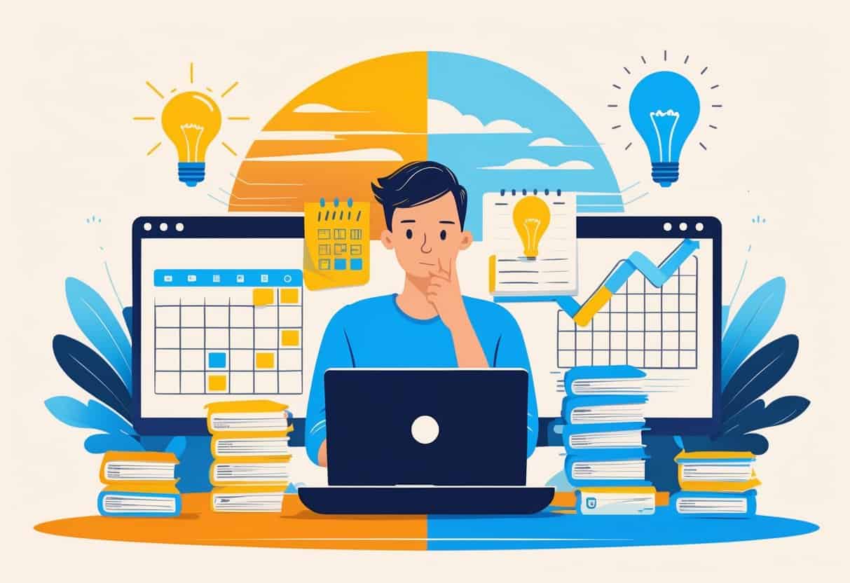 A person sitting at a desk with a laptop, surrounded by symbols of decision-making like a calendar, checklist, light bulbs, and a graph, with a background split between sunset and sunrise skies.