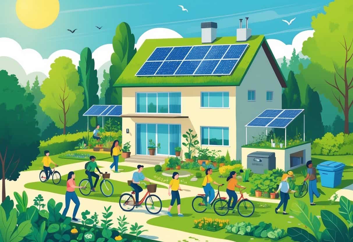 A house surrounded by greenery with solar panels, a garden, and people planting trees and cycling outdoors.