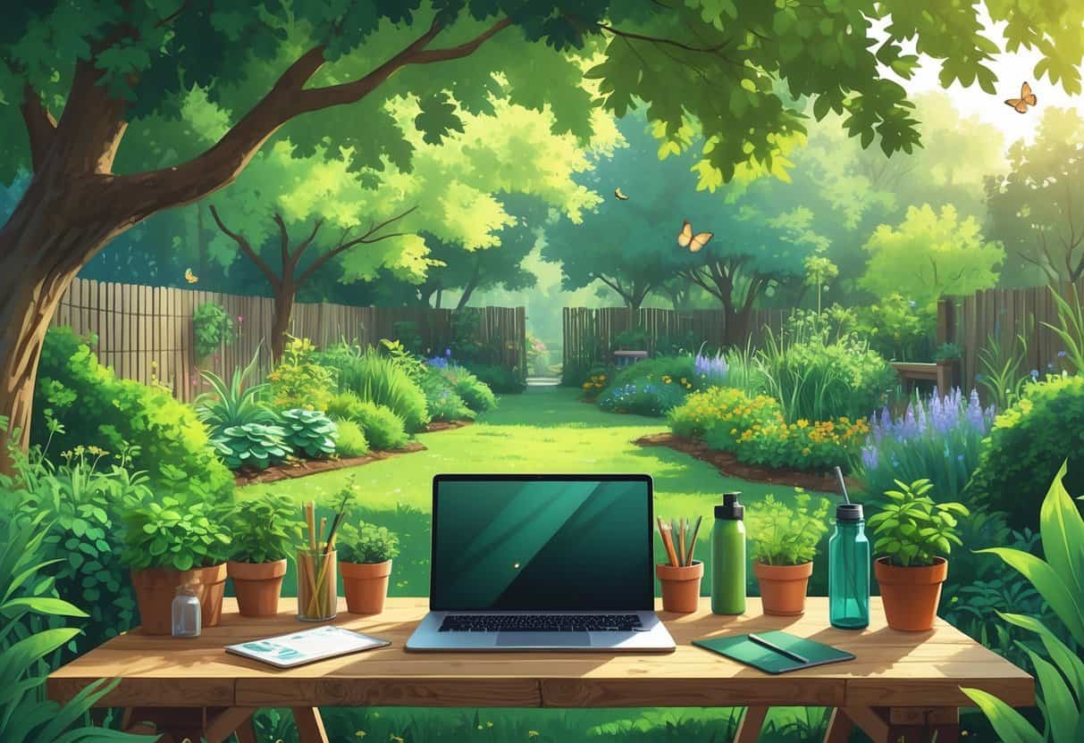 An outdoor workspace with a laptop on a wooden desk surrounded by green plants and eco-friendly items, set in a sunny garden with flowers and butterflies.