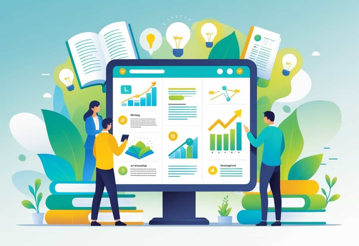 A group of people examining digital content and symbols representing personal growth, such as books, lightbulbs, and upward graphs.