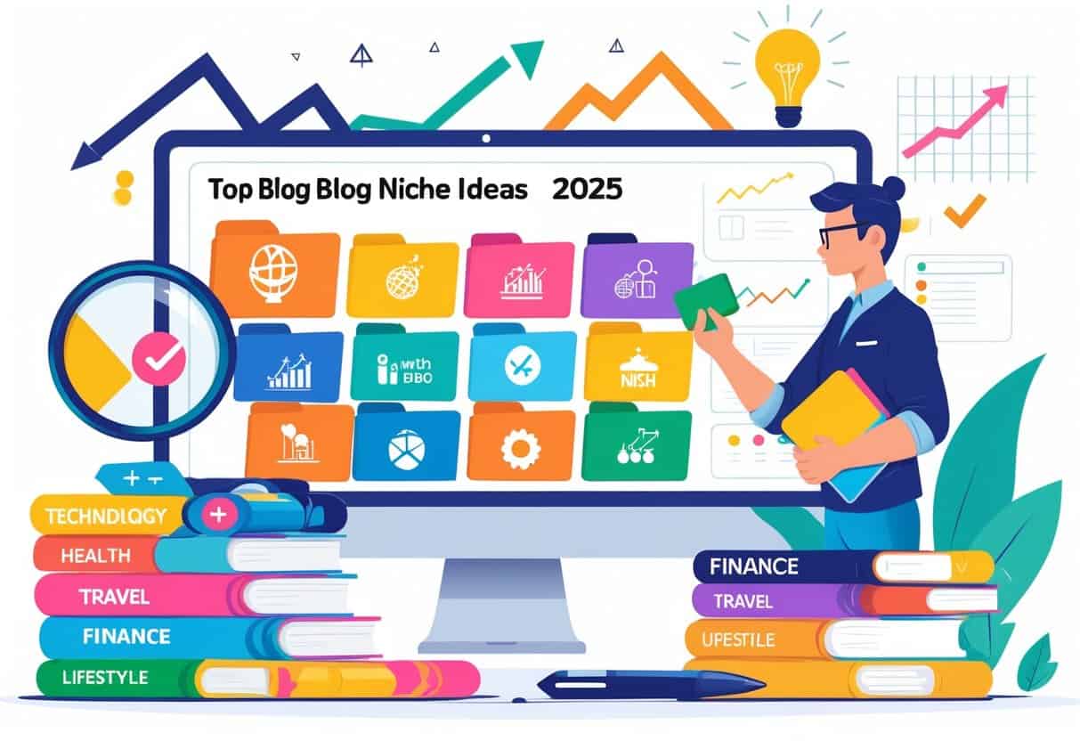 A person reviewing colorful folders representing different blog topics with charts and icons symbolizing research and idea selection on a desk.