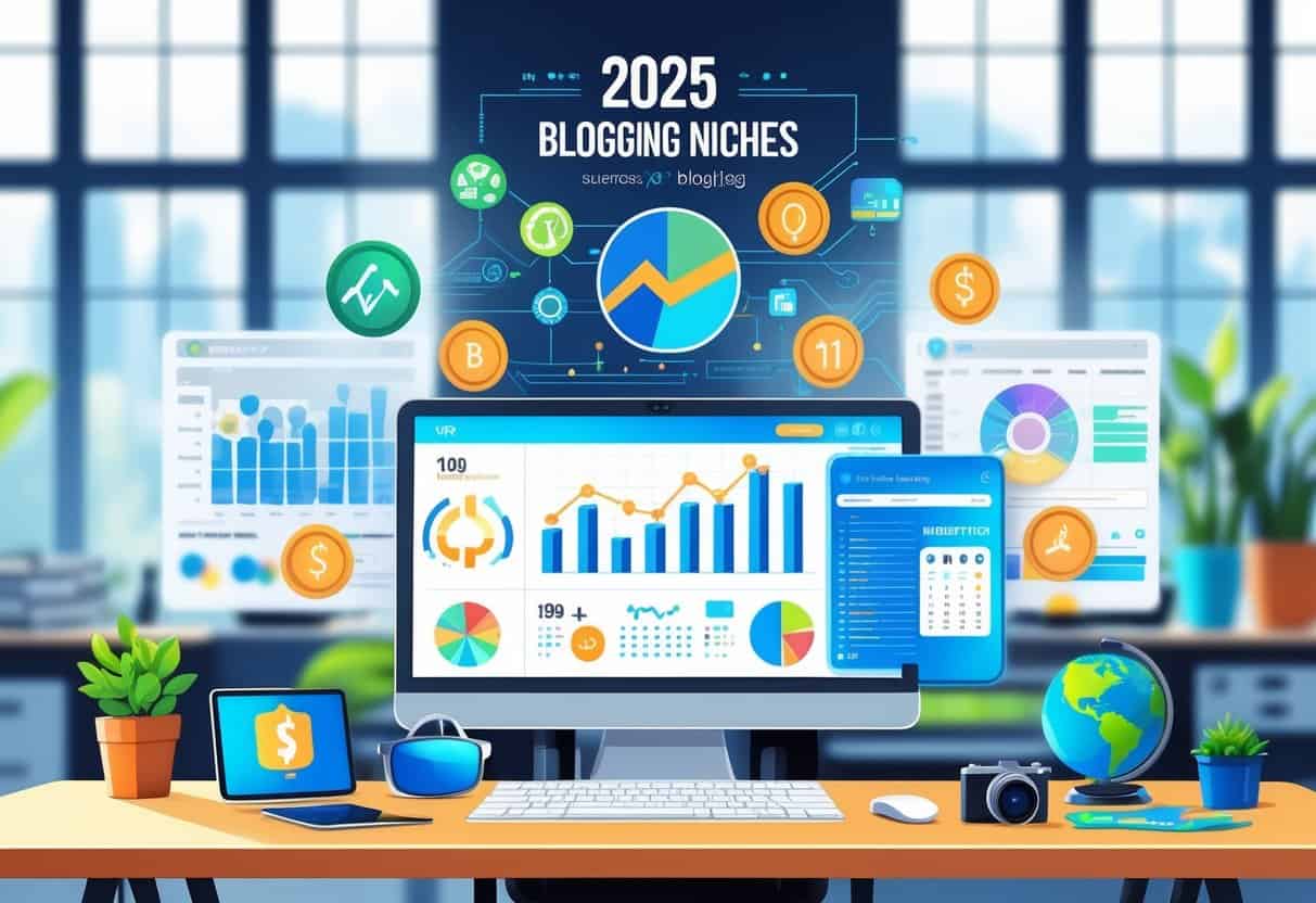 A modern workspace with a laptop, plants, coins, tech gadgets, and travel items representing popular blogging topics in 2025.