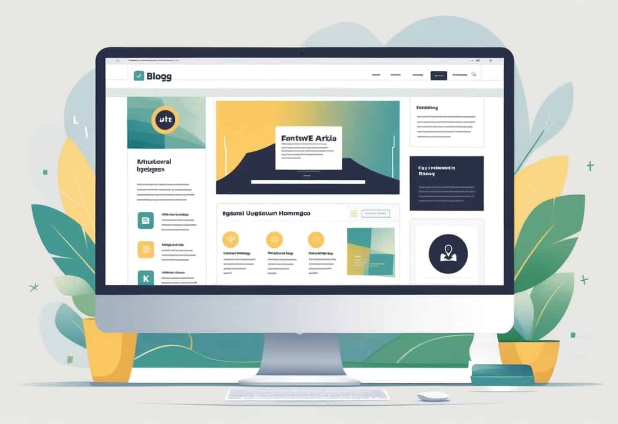 A computer monitor showing a clean blog homepage layout with a header, featured article section, sidebar, and footer with icons.