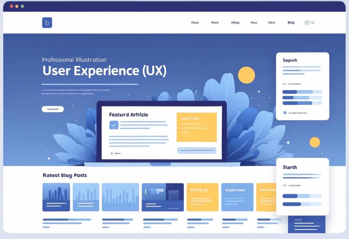 A clean and organized blog homepage layout with a header, featured article section, recent posts, and sidebar with search and categories.