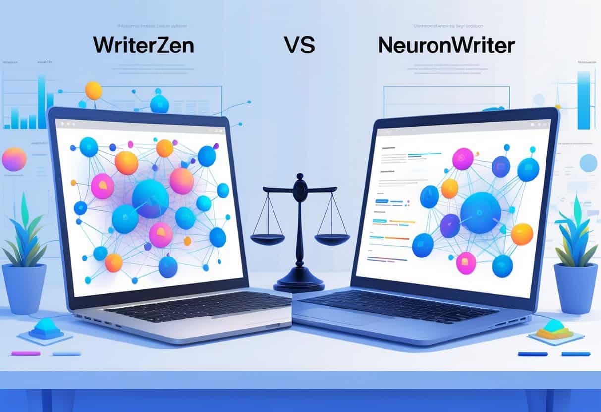 Two laptops on a desk showing colorful keyword clustering networks with a balanced scale between them, representing a comparison of digital tools.