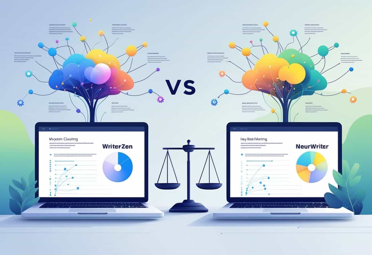 Two computer screens side by side showing colorful clusters of connected keywords with a balanced scale between them, symbolizing a comparison of keyword clustering features.
